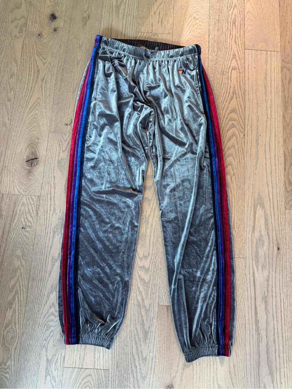 Aviator Nation Gray Velvet Sweatpants with Red & Blue Side Stripes